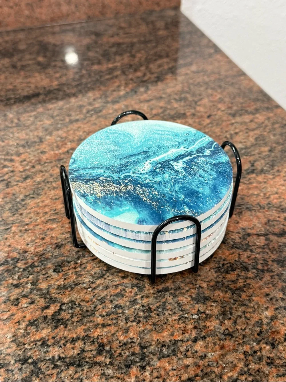 Blue Marble 6 piece Coaster Set with Black Metal Holder